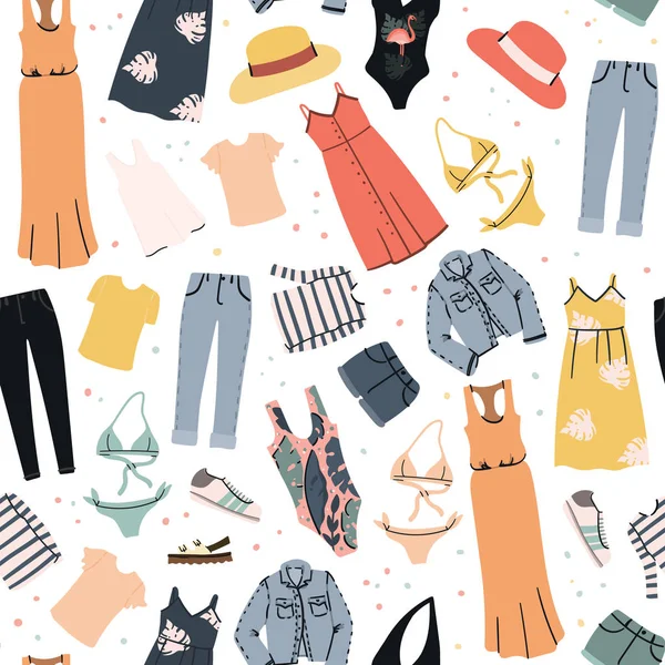Sommer Frauenkleidung nahtlose Muster. Handgezeichneter Cartoon flacher Hintergrund. — Stockvektor
