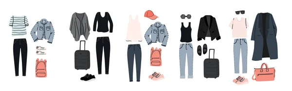 Set van casual stijl kleren voor vliegtuig reis. Inpakken voor vakantie of reizen — Stockvector