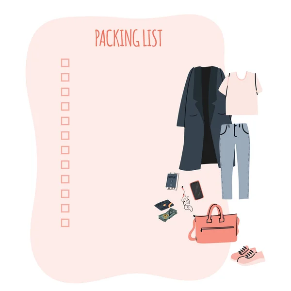Packing list template for travel, tourism and vacations with hand drawn woman clothes. Cartoon flat illustration — Stock Vector