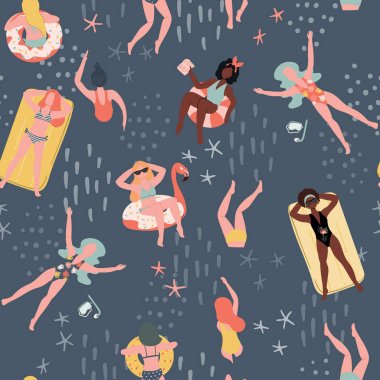 Denizde yüzen kadınlarla yaz sorunsuz desen. El darwn düz karikatür illüstrasyon