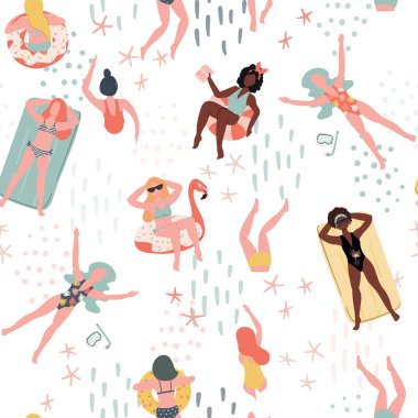 Yüzme insanlar ile yaz sorunsuz desen. Kadın el çizilmiş düz arka plan