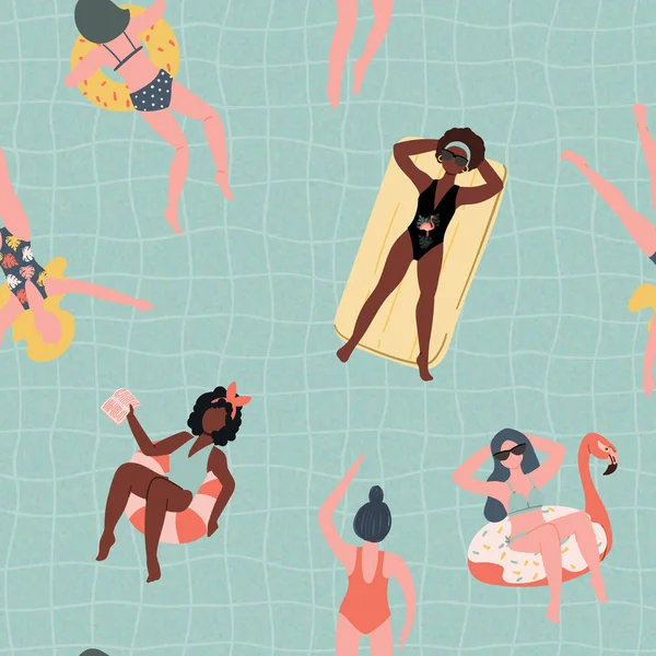 Las mujeres nadan en la piscina. Patrón de verano sin costuras. Fondo de estilo plano dibujado a mano . — Vector de stock