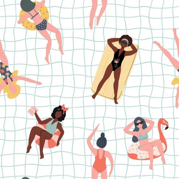 Las mujeres nadan en la piscina. Patrón de verano sin costuras. Fondo de estilo plano dibujado a mano . — Vector de stock