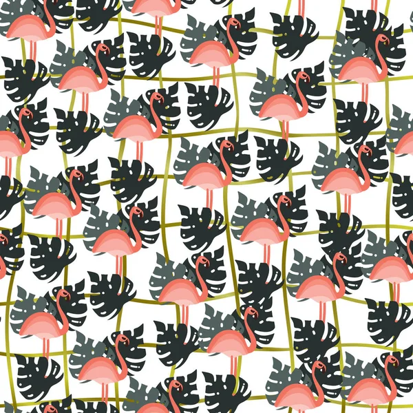 Tropischen Dschungel nahtlose Muster - Palmenblätter und Flamingo. handgezeichnet flachen Stil Sommer Hintergrund — Stockvektor