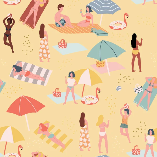 Gente de verano en el patrón de playa sin costuras. Ilustración plana dibujada a mano. Tiempo de vacaciones en el mar, mujeres tomando el sol en bikini . — Vector de stock