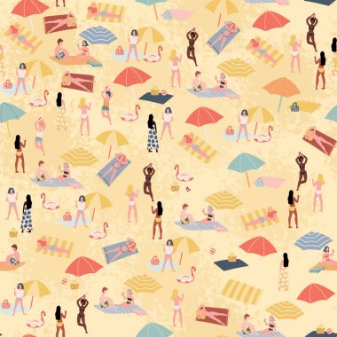 Yaz sahilindeki insanlar dikişsiz desen. Elle çizilmiş karalama stili illüstrasyon