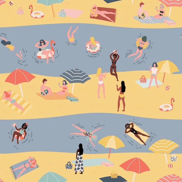 Patrón sin costuras de verano con la gente en la playa. Fondo de estilo garabato dibujado a mano — Vector de stock
