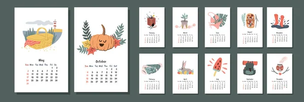 Календар 2020 сторінки в стилі каракулів. Кошик для пікніка, осінні канікули з гарбузом. Настінний щомісячний календар . — стоковий вектор