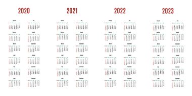 Takvim 2020, 2021, 2022, 2023. Hafta pazar günü başlıyor. Dikey kırtasiye şablonu tasarımı