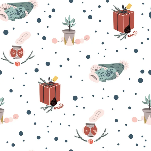 圣诞和新年无缝涂鸦模式与炎热的街头市场饮料，冷杉树枝，舒适的家庭植物和礼物。 手绘背景. — 图库矢量图片