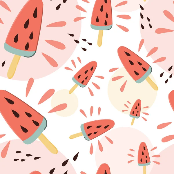 Wassermelone saftige Eiscreme Sommer nahtlose Pettern. Hand gezeichnet Cartoon-Doodle-Stil Hintergrund. — Stockvektor