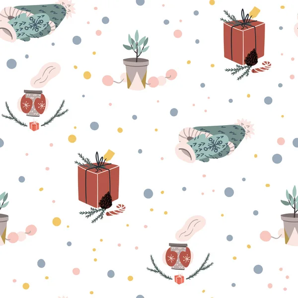 ホットストリートマーケットドリンク、モミの木の枝、居心地の良い家の植物やプレゼントとクリスマスと新年のシームレスなドアパターン。手描きの背景. — ストックベクタ