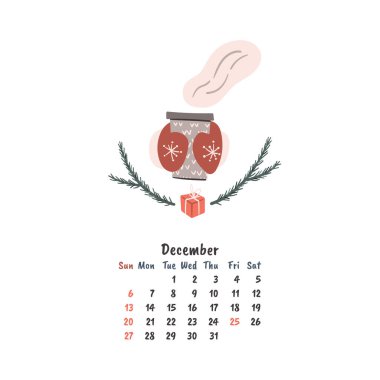Sıcak kakao, çay, kahve ya da sıcak şarap Noel karalaması. El çizimi takvim çizimi. Mutfak, bar, restoran, kafe, sokak yemekleri festivali afişi veya broşürü