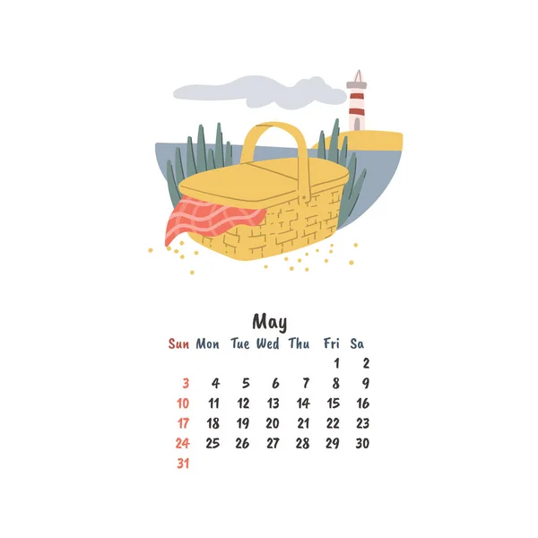Ručně kreslený piknikový koš ve stylu čmáranice na pláži u majáku. Jarní nebo letní prázdniny. Šablona stránky kalendáře — Stockový vektor