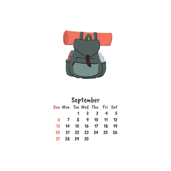 Doodle backpack illustration. Hand drawn hiking, travel, camping bag. Wall or desk monthly calendar. September. — Stock Vector