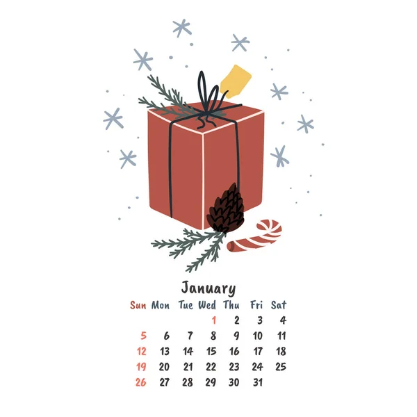 Page calendrier de janvier. Cadeau du Nouvel An dessiné à la main. Illustration dessin animé de style doodle. Conception du modèle — Image vectorielle