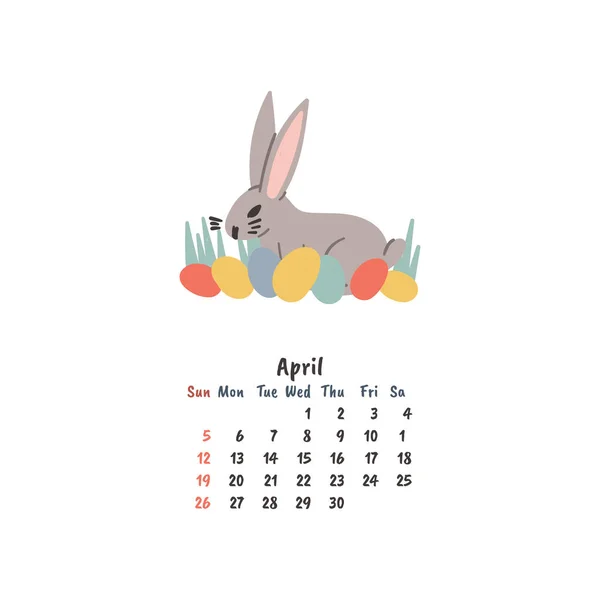 Paashaas met de hand getekend illustratie in cartoon doodle stijl. Muur of bureau maandelijkse kalender sjabloon. April maand — Stockvector