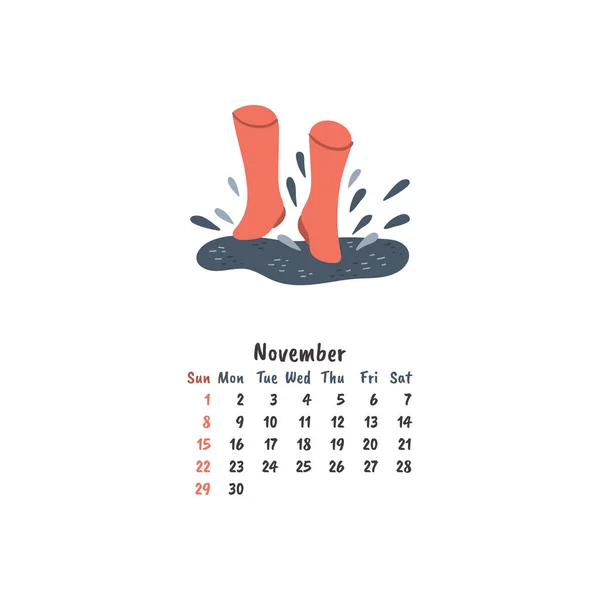 Bottes en caoutchouc dessinées à la main dans une flaque d'eau. Illustration pour mur ou bureau calendrier mensuel — Image vectorielle