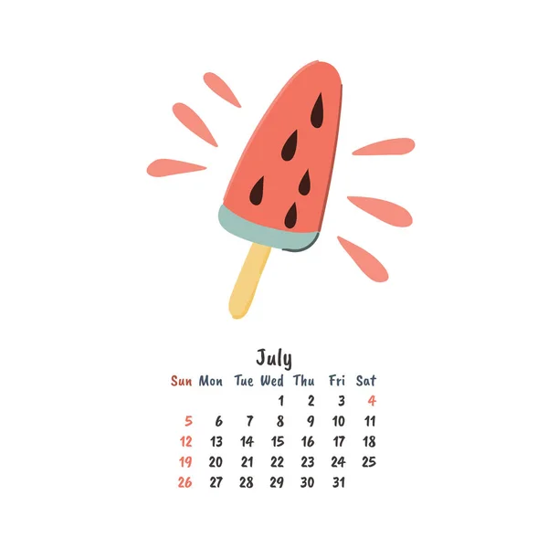 Glace juteuse pastèque illustration dessinée à la main. Été popsicle calendrier page design — Image vectorielle