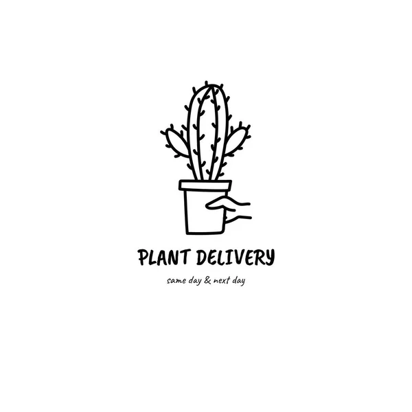 Blomma växt kaktus i hand klotter stil handritad illustration. Logotyp eller tryck för växtleverans — Stock vektor