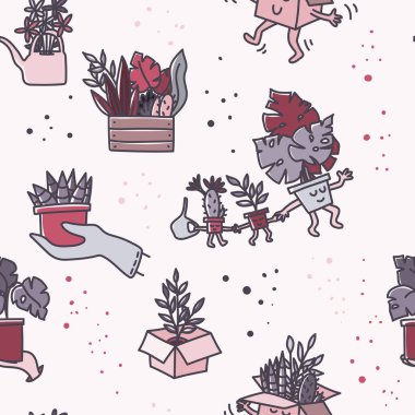 Dikişsiz el çizilmiş doodle tarzı karikatür el bahçe ve büyüyen kapalı bitkiler hakkında desen çizilmiş.