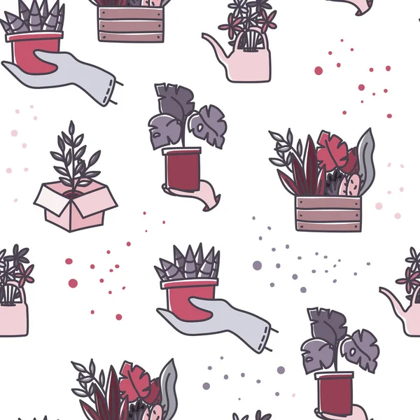Naadloze hand getekende doodle stijl cartoon hand getekende patroon over tuinieren en kweken van indoor planten. — Stockvector