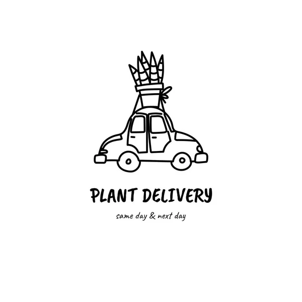 Plants delivery car logo. Hand drawn doodle style illustration. Houseplant sansevieria and retro car