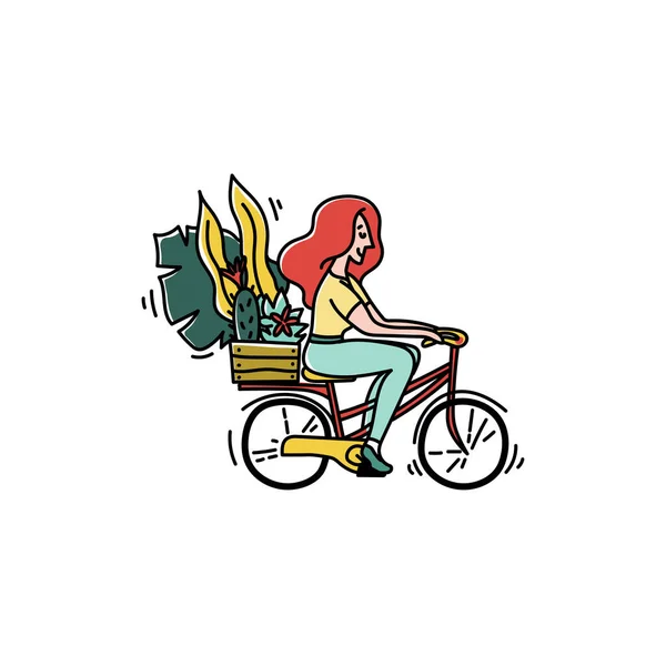 Happy girl with a box of plants is riding a bike. Hand drawn doodle style illustration — Stock Vector