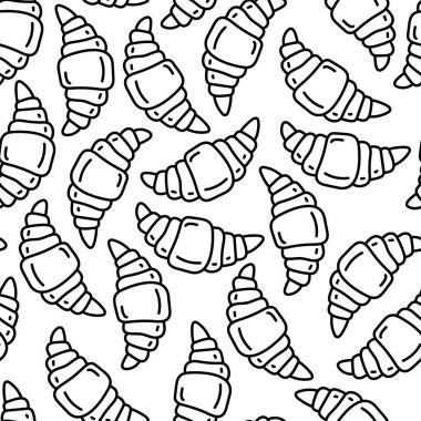Kruvasan siyah beyaz grafik doodle tarzı el çizilmiş dikişsiz desen