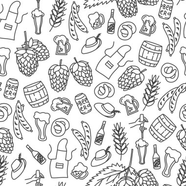 Bira ve bira aperatifler el çizilmiş doodle tarzı dikişsiz desen çizilmiş. Kumaş veya giyim için Oktoberfest konsept arka plan