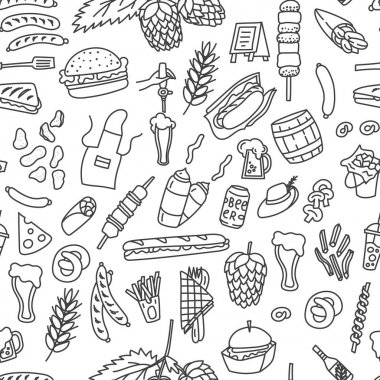 Bira ve aperatifler doodle tarzı el sorunsuz desen çizilmiş. Oktoberfest