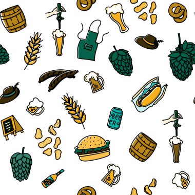 Zanaat bira ve aperatifler el çizilmiş doodle tarzı sorunsuz desen çizilmiş. Duvar kağıdı, kumaş, giyim vb için karikatür arka plan.