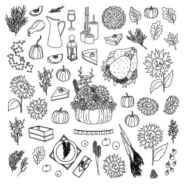 Şükran sute el çizilmiş doodle seti. Çizgi sanat karikatür tatil illüstrasyon. Kabak ve hindi, ayçiçeği ve pamuk
