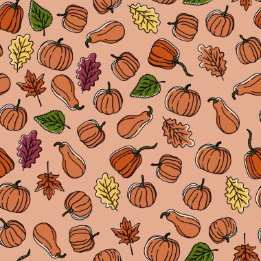 Şükran dikişsiz sonbahar yaprakları ve kabak desen. Duvar kağıdı, kumaş, masa örtüsü vb için el çizilmiş doodle tarzı arka plan.