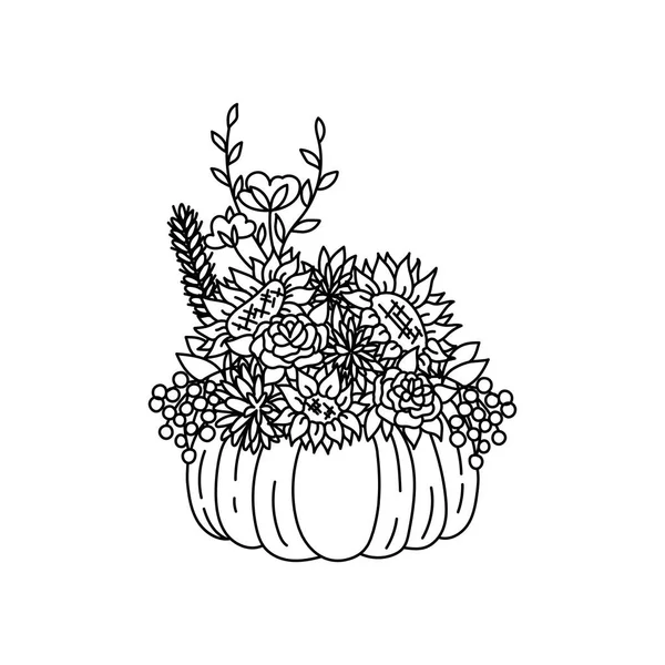 Zucca del Ringraziamento e centrotavola di fiori autunnali. Agonis e salice eucalipto, fiore di cotone e rosa autunnale, girasole e bacche — Vettoriale Stock