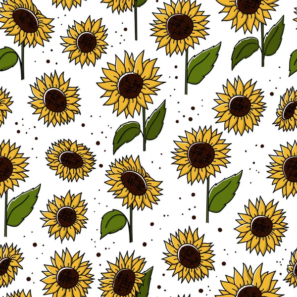 Tournesol style doodle dessiné à la main motif floral sans couture avec des points . — Image vectorielle