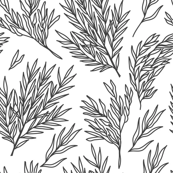 Weiden Eukaliptus und Agonis nahtlose Muster. handgezeichneter schwarz-weißer Fliesenhintergrund für Verpackung, Leinen, Stoff, Tapete. — Stockvektor
