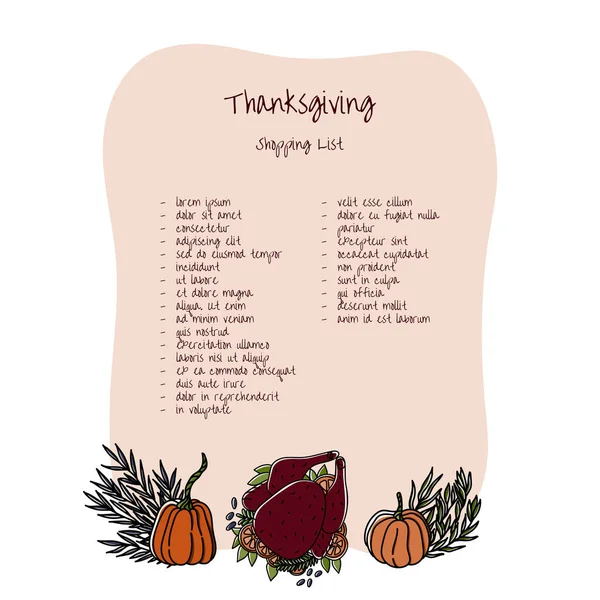 Thanksgiving shopping list template with hand drawn doodle style cartoon turkey and pumpkins, willow eucaliptus. — Stock Vector