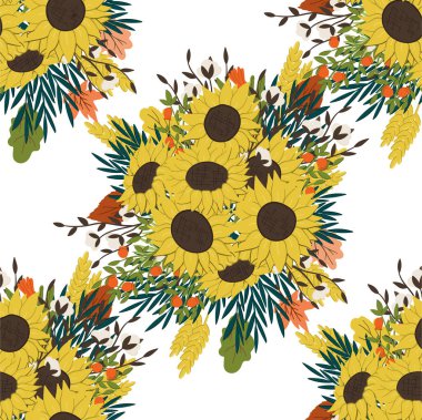 Ayçiçeği buketi, pamuk çiçekleri, nar dalları ve yapraklarla kusursuz desenler çizilmiş..