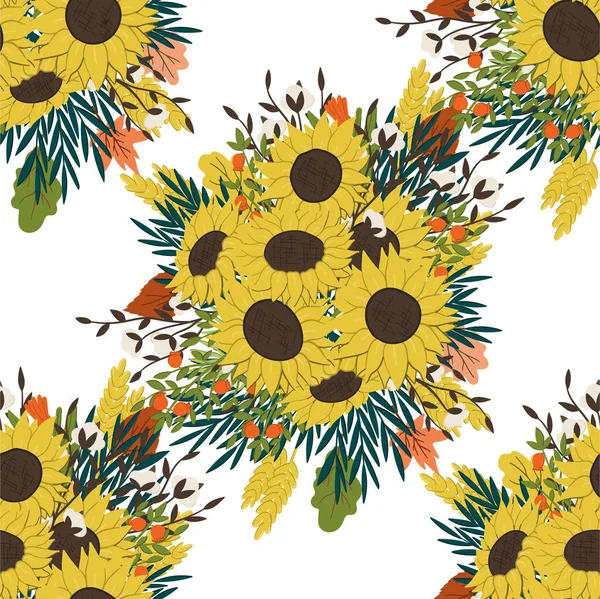 Bouquet de tournesol motif sans couture dessiné à la main avec des fleurs de coton, des branches de grenade et des feuilles . — Image vectorielle