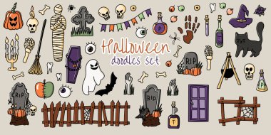 Cadılar Bayramı çizimleri şapka, mezar, iskelet, balkabağı, siyah kedi vs..