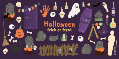 Cadılar Bayramı çizgi filmi tarzı el çizimi semboller - cadı şapkası, balkabağı, mezar, kuzgun, kara kedi, zombi vs..