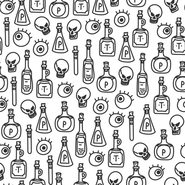 Trank-Flaschen, Augen und Totenköpfe nahtloses Muster. Hand gezeichnet Doodle-Stil schwarz und weiß Stoff Hintergrund. — Stockvektor