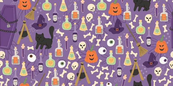 Witch craft Halloween seamless pattern. Skull, bones, poison, black cat, coffin holiday hand drawn cartoon style background for wallpaper, textile etc.