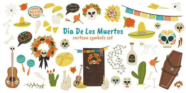 Conjunto de símbolos de vacaciones dibujados a mano estilo de dibujos animados Dia De Los Muertos: cactus, tequila, esqueleto de gato, cráneo, taco, guitarra, nachos, ataúd, caléndula, etc. . — Vector de stock