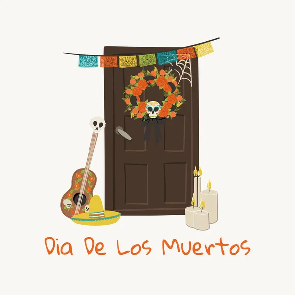 Dia De Los Muertos cartão desenhado à mão desenho animado modelo de estilo com guitarra de entrada em casa, sombrero, guirlanda de férias e decoração grinalda . — Vetor de Stock