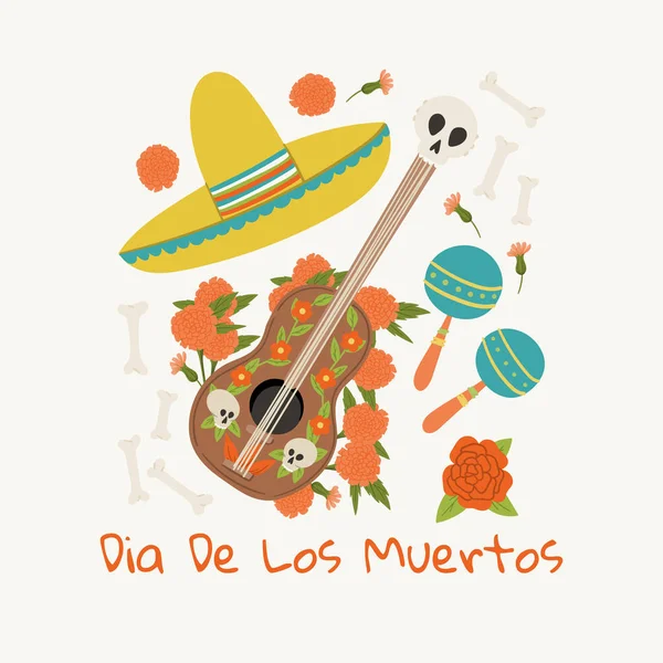 Dia De Los Muertos gratulationskort hand dras tecknad stil mall med gitarr, sombrero, mexikanska maraca. — Stock vektor