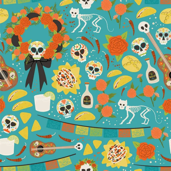 Dia De Los Muertos sömlösa mönster handritade tecknad stil semester textil bakgrund. Skalle, kattskelett, krans, nachos, gitarr. — Stock vektor