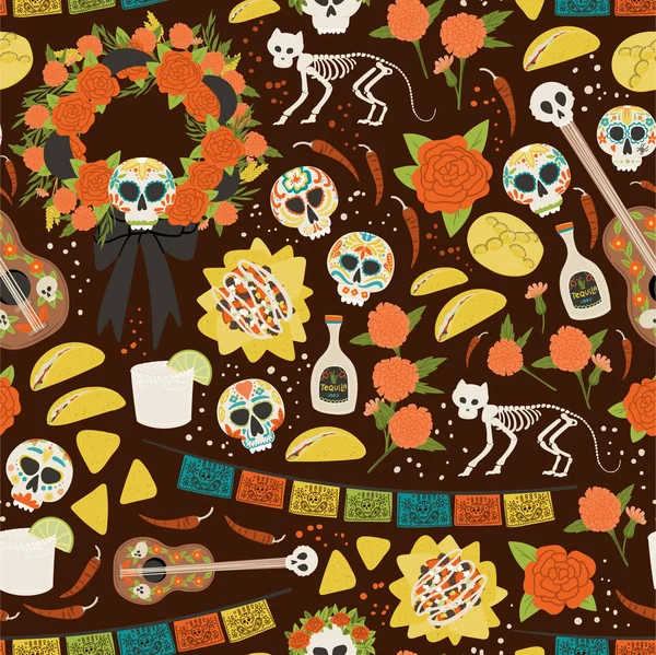 Dia De Los Muertos sömlösa mönster handritade tecknad stil semester textil bakgrund. Skalle, kattskelett, krans, nachos, gitarr. — Stock vektor