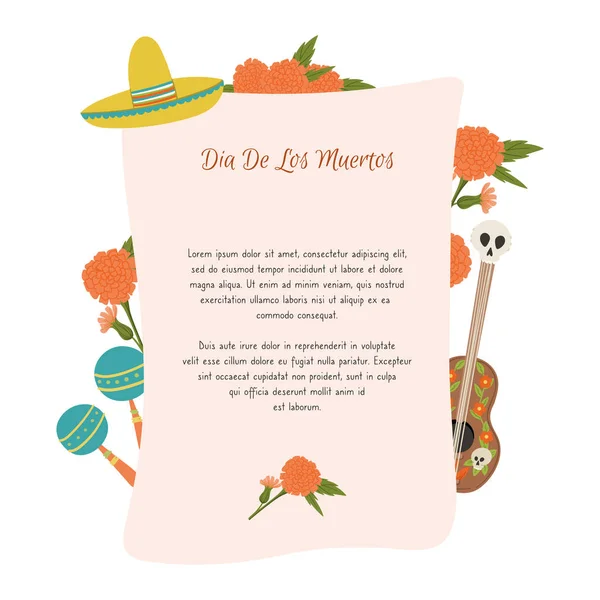 Dia dos Mortos, Dia de los Muertos check list template com flor de calêndula, mexico maracas, sombrero e guitarra . — Vetor de Stock